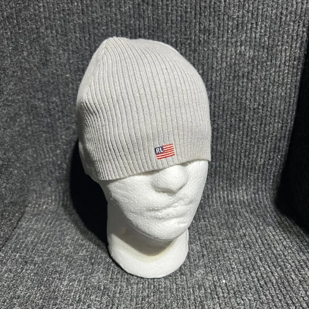 Vintage Polo Ralph Lauren Beanie Mens OS Gray RL‎ Flag Patch Ribbed Knit